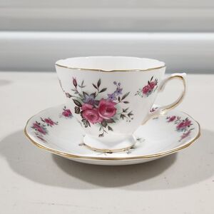 Floral Bone China Teacup & Saucer with Pink Rose Design